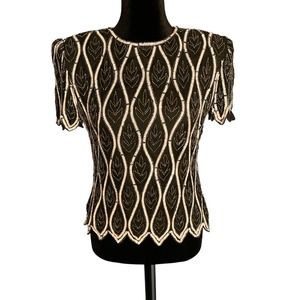 Papell Boutique 100% Silk Black and Sliver Padded Shoulder Blouse Size PS